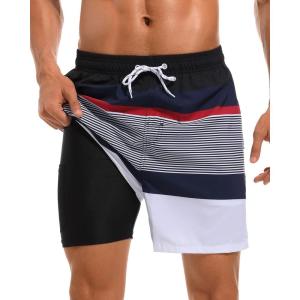 imageSILKWORLD Mens Swim Trunks with Compression Liner 2 in 1 Quick Dry Bathing Suit Beach Shorts with Zipper PocketsNavyredwhite