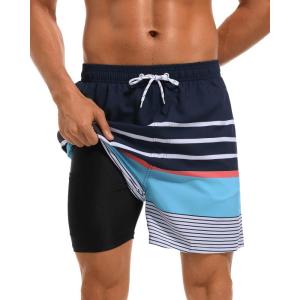 imageSILKWORLD Mens Swim Trunks with Compression Liner 2 in 1 Quick Dry Bathing Suit Beach Shorts with Zipper PocketsNavywhiteblue