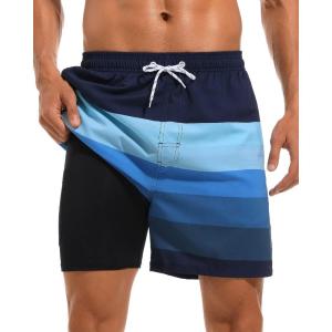 imageSILKWORLD Mens Swim Trunks with Compression Liner 2 in 1 Quick Dry Bathing Suit Beach Shorts with Zipper PocketsPatchwork Blue