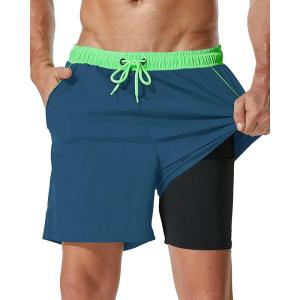 imageSILKWORLD Mens Swim Trunks with Compression Liner 2 in 1 Quick Dry Bathing Suit Beach Shorts with Zipper PocketsPeacock Blue