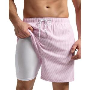 imageSILKWORLD Mens Swim Trunks with Compression Liner 2 in 1 Quick Dry Bathing Suit Beach Shorts with Zipper PocketsPink