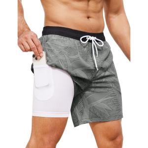 imageSILKWORLD Mens Swim Trunks with Compression Liner 2 in 1 Quick Dry Bathing Suit Beach Shorts with Zipper PocketsPrintgrey