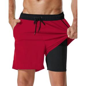 imageSILKWORLD Mens Swim Trunks with Compression Liner 2 in 1 Quick Dry Bathing Suit Beach Shorts with Zipper PocketsRed