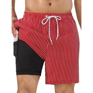 imageSILKWORLD Mens Swim Trunks with Compression Liner 2 in 1 Quick Dry Bathing Suit Beach Shorts with Zipper PocketsRed Vertical Stripe