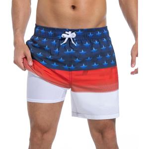imageSILKWORLD Mens Swimming Trunks 2 in 1 Quick Dry Bathing Suit Elastic Waist Beach Shorts with Zipper PocketsAmerican Flag