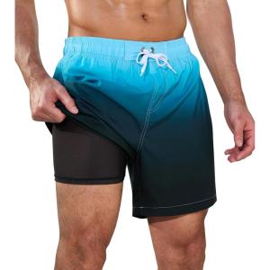 imageSILKWORLD Mens Swimming Trunks 2 in 1 Quick Dry Bathing Suit Elastic Waist Beach Shorts with Zipper PocketsBlue Black Gradient