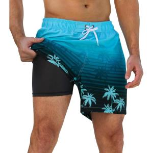 imageSILKWORLD Mens Swimming Trunks 2 in 1 Quick Dry Bathing Suit Elastic Waist Beach Shorts with Zipper PocketsBlue Coconut Tree