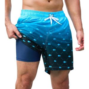 imageSILKWORLD Mens Swimming Trunks 2 in 1 Quick Dry Bathing Suit Elastic Waist Beach Shorts with Zipper PocketsBlue Fishing Net