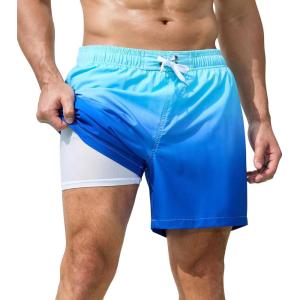 imageSILKWORLD Mens Swimming Trunks 2 in 1 Quick Dry Bathing Suit Elastic Waist Beach Shorts with Zipper PocketsBlue Gradient