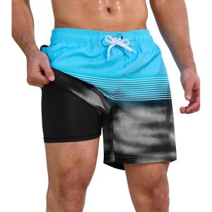 imageSILKWORLD Mens Swimming Trunks 2 in 1 Quick Dry Bathing Suit Elastic Waist Beach Shorts with Zipper PocketsBlue Grey