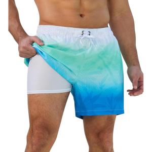 imageSILKWORLD Mens Swimming Trunks 2 in 1 Quick Dry Bathing Suit Elastic Waist Beach Shorts with Zipper PocketsCyan Coconut Tree