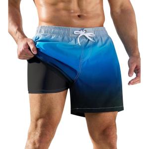 imageSILKWORLD Mens Swimming Trunks 2 in 1 Quick Dry Bathing Suit Elastic Waist Beach Shorts with Zipper PocketsDark Blue Grey Gradient