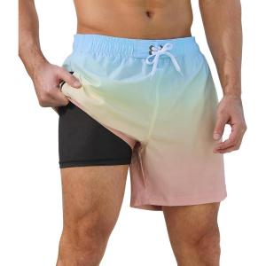 imageSILKWORLD Mens Swimming Trunks 2 in 1 Quick Dry Bathing Suit Elastic Waist Beach Shorts with Zipper PocketsDaylight Gradient