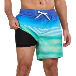 imageSILKWORLD Mens Swimming Trunks 2 in 1 Quick Dry Bathing Suit Elastic Waist Beach Shorts with Zipper PocketsLake Green