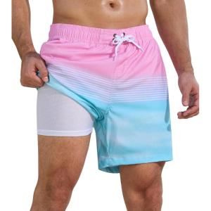 imageSILKWORLD Mens Swimming Trunks 2 in 1 Quick Dry Bathing Suit Elastic Waist Beach Shorts with Zipper PocketsPink Blue