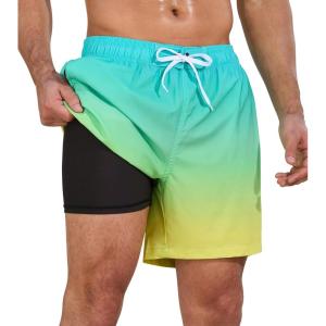 imageSILKWORLD Mens Swimming Trunks 2 in 1 Quick Dry Bathing Suit Elastic Waist Beach Shorts with Zipper PocketsYellow Green Gradient