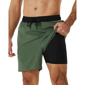 imageSILKWORLD Mens Swimming Trunks with Compression Liner 2 in 1 QuickDry Swim Shorts with Zipper PocketsBlack Armygreen