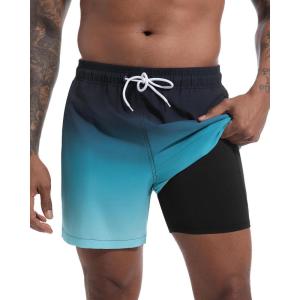 imageSILKWORLD Mens Swimming Trunks with Compression Liner 2 in 1 QuickDry Swim Shorts with Zipper PocketsBlack Blue Gradient Wave
