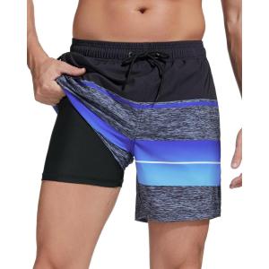 imageSILKWORLD Mens Swimming Trunks with Compression Liner 2 in 1 QuickDry Swim Shorts with Zipper PocketsBlack Blue Stripes