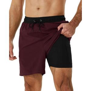 imageSILKWORLD Mens Swimming Trunks with Compression Liner 2 in 1 QuickDry Swim Shorts with Zipper PocketsBlack Darkred