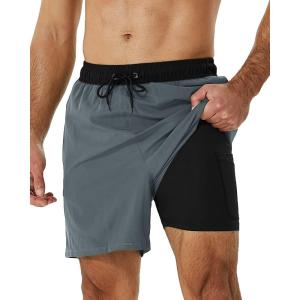 imageSILKWORLD Mens Swimming Trunks with Compression Liner 2 in 1 QuickDry Swim Shorts with Zipper PocketsBlack Grey