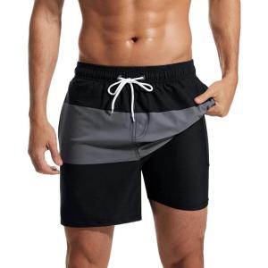 imageSILKWORLD Mens Swimming Trunks with Compression Liner 2 in 1 QuickDry Swim Shorts with Zipper PocketsBlack Grey Stripe