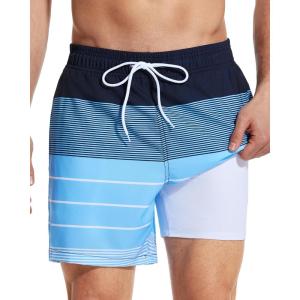 imageSILKWORLD Mens Swimming Trunks with Compression Liner 2 in 1 QuickDry Swim Shorts with Zipper PocketsBlack Light Blue Stripes