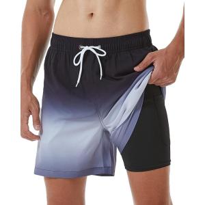 imageSILKWORLD Mens Swimming Trunks with Compression Liner 2 in 1 QuickDry Swim Shorts with Zipper PocketsBlack and White Gradient