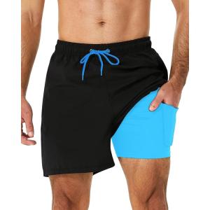 imageSILKWORLD Mens Swimming Trunks with Compression Liner 2 in 1 QuickDry Swim Shorts with Zipper PocketsBlack1
