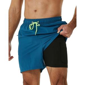 imageSILKWORLD Mens Swimming Trunks with Compression Liner 2 in 1 QuickDry Swim Shorts with Zipper PocketsBlue