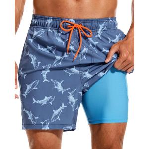 imageSILKWORLD Mens Swimming Trunks with Compression Liner 2 in 1 QuickDry Swim Shorts with Zipper PocketsBlue Fish