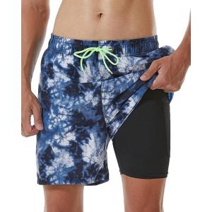 imageSILKWORLD Mens Swimming Trunks with Compression Liner 2 in 1 QuickDry Swim Shorts with Zipper PocketsBlue Tie Dye