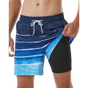 imageSILKWORLD Mens Swimming Trunks with Compression Liner 2 in 1 QuickDry Swim Shorts with Zipper PocketsBlue and White