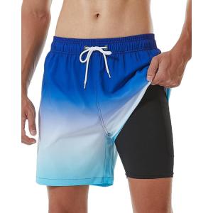 imageSILKWORLD Mens Swimming Trunks with Compression Liner 2 in 1 QuickDry Swim Shorts with Zipper PocketsBlue and White Gradient