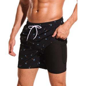 imageSILKWORLD Mens Swimming Trunks with Compression Liner 2 in 1 QuickDry Swim Shorts with Zipper PocketsCoconut Tree Black