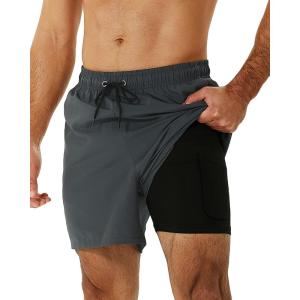 imageSILKWORLD Mens Swimming Trunks with Compression Liner 2 in 1 QuickDry Swim Shorts with Zipper PocketsDark Grey