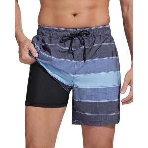 imageSILKWORLD Mens Swimming Trunks with Compression Liner 2 in 1 QuickDry Swim Shorts with Zipper PocketsDark Grey Stripes