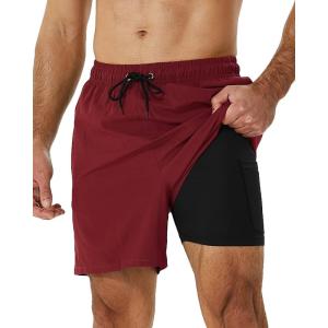 imageSILKWORLD Mens Swimming Trunks with Compression Liner 2 in 1 QuickDry Swim Shorts with Zipper PocketsDark Red
