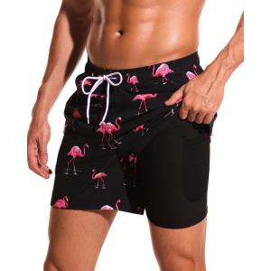 imageSILKWORLD Mens Swimming Trunks with Compression Liner 2 in 1 QuickDry Swim Shorts with Zipper PocketsFlamingosblack