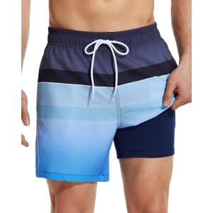 imageSILKWORLD Mens Swimming Trunks with Compression Liner 2 in 1 QuickDry Swim Shorts with Zipper PocketsGrey Blue Gradient