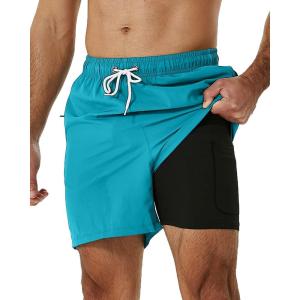 imageSILKWORLD Mens Swimming Trunks with Compression Liner 2 in 1 QuickDry Swim Shorts with Zipper PocketsLight Blue