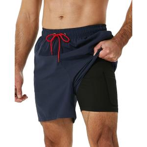 imageSILKWORLD Mens Swimming Trunks with Compression Liner 2 in 1 QuickDry Swim Shorts with Zipper PocketsNavy