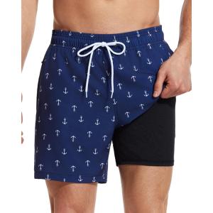 imageSILKWORLD Mens Swimming Trunks with Compression Liner 2 in 1 QuickDry Swim Shorts with Zipper PocketsNavy Blue Anchor