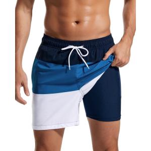 imageSILKWORLD Mens Swimming Trunks with Compression Liner 2 in 1 QuickDry Swim Shorts with Zipper PocketsNavy Blue White