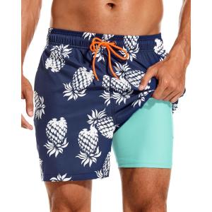 imageSILKWORLD Mens Swimming Trunks with Compression Liner 2 in 1 QuickDry Swim Shorts with Zipper PocketsNavy Pineapple