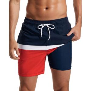 imageSILKWORLD Mens Swimming Trunks with Compression Liner 2 in 1 QuickDry Swim Shorts with Zipper PocketsNavy Red
