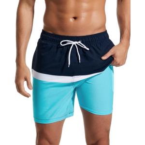 imageSILKWORLD Mens Swimming Trunks with Compression Liner 2 in 1 QuickDry Swim Shorts with Zipper PocketsNavy Sky Blue