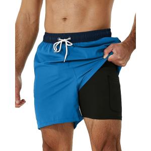 imageSILKWORLD Mens Swimming Trunks with Compression Liner 2 in 1 QuickDry Swim Shorts with Zipper PocketsNavy Skyblue