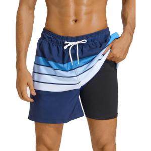 imageSILKWORLD Mens Swimming Trunks with Compression Liner 2 in 1 QuickDry Swim Shorts with Zipper PocketsNavy Stripe