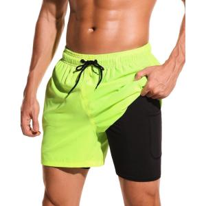 imageSILKWORLD Mens Swimming Trunks with Compression Liner 2 in 1 QuickDry Swim Shorts with Zipper PocketsNeon Green